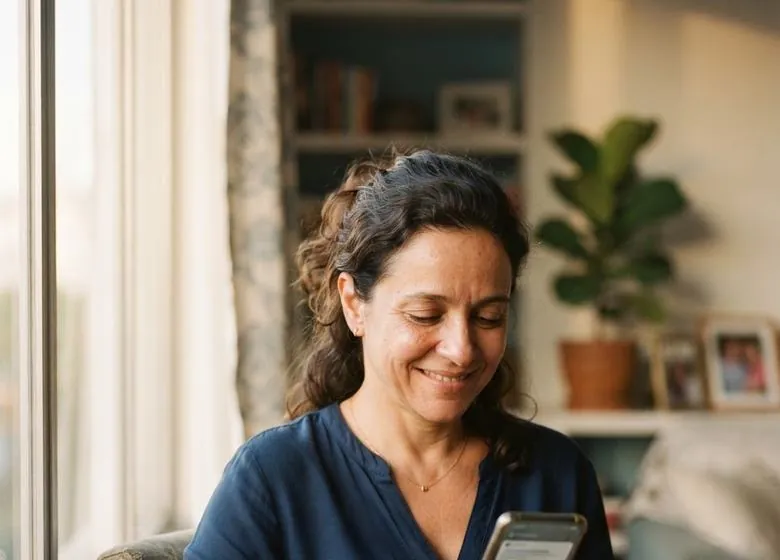 Autora do processo lendo a proposta pelo celular