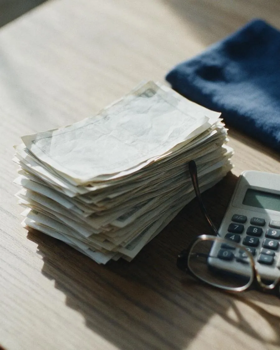 Contas acumuladas sobre a mesa, ao lado de uma calculadora