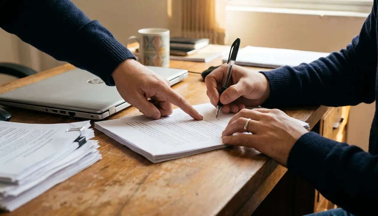 Assinatura do contrato de cessão, com o advogado apontando a cláusula