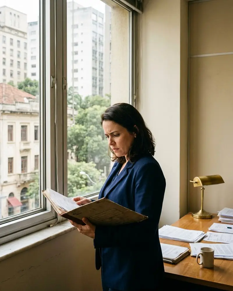 Reunião de escritório: advogado sênior e dois colegas analisando os processos de uma carteira
