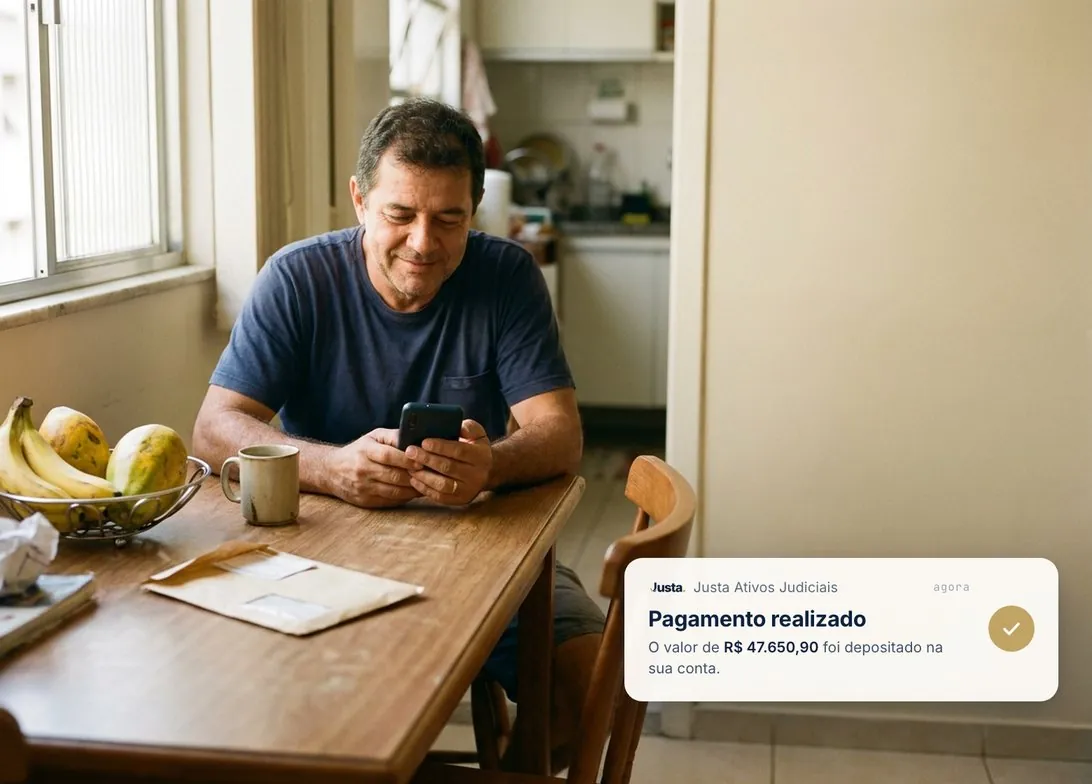 Autor do processo em casa, recebendo no celular o aviso de que o valor foi depositado na conta dele