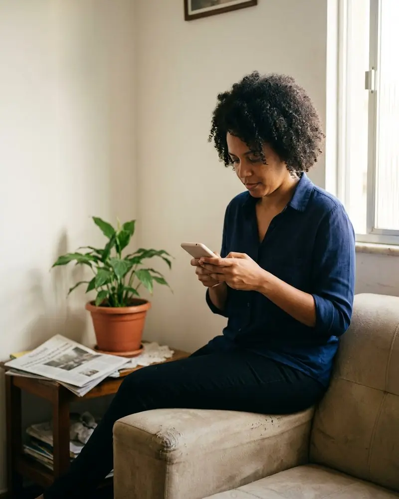 Autora de um processo em casa, começando a conversa pelo celular