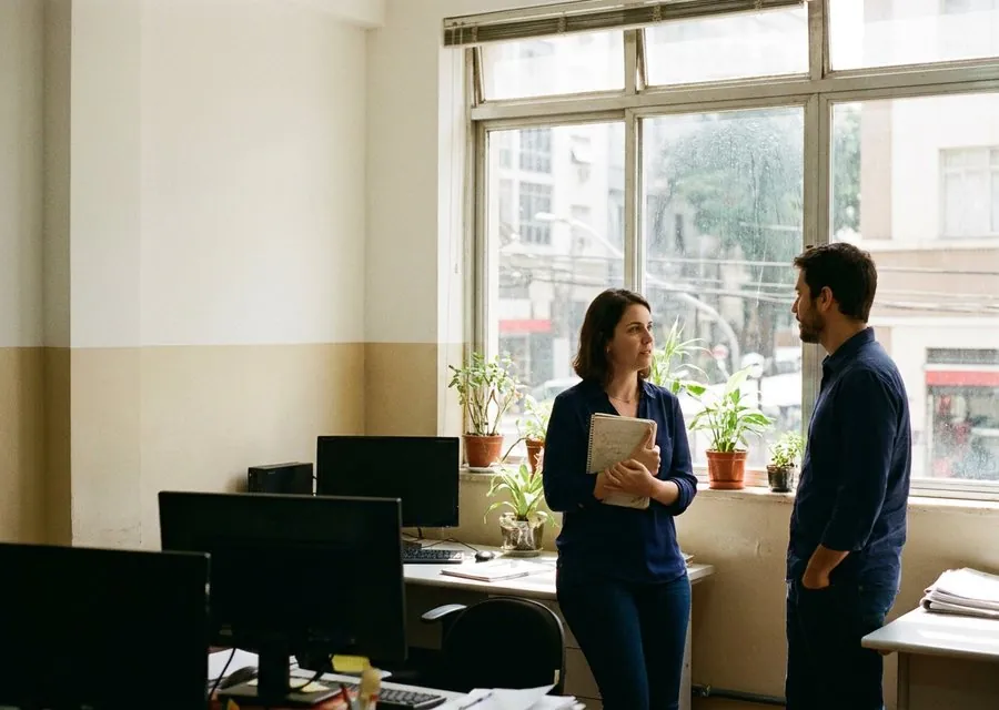 Duas pessoas da equipe conversando junto à janela do escritório